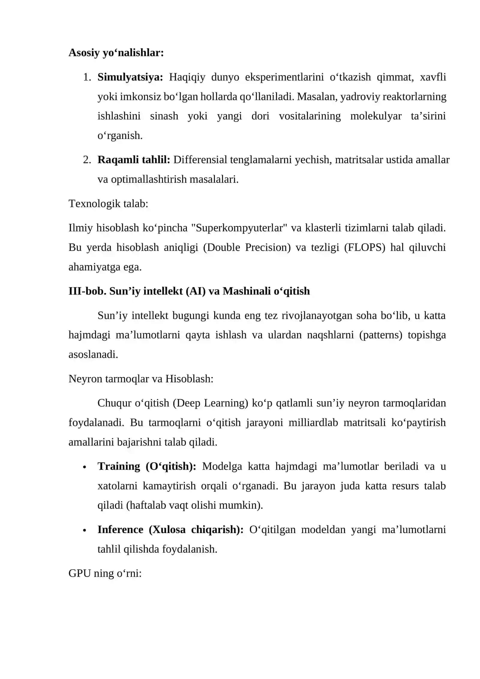 : Grafik ishlov berish, ilmiy hisoblash, sun’iy intellekt, katta ma’lumotlar va signallarga raqamli ishlov berish texnologiyalarining o‘zaro bog‘liqligi va amaliy ahamiyati. 3