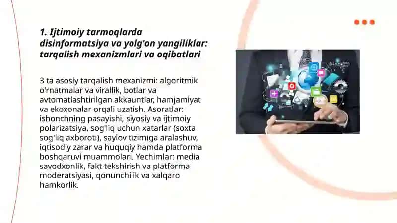 Ijtimoiy mediada tahdidlar, hurujlarva xavf- xatarlar. Jahon media va axborot makoni: manfaatlar to'qnashuvi, muammolar, yechimlar 3