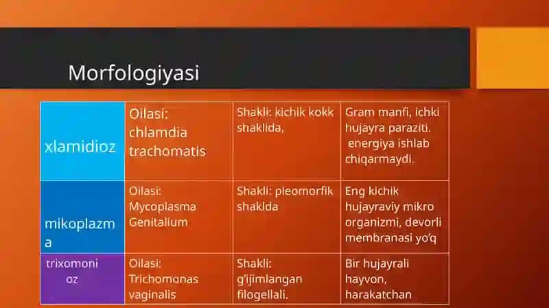 Xlamidioz, mikoplazmoz, trihomonioz qo'g'atuvchilarining tavsifivatashhisi 3