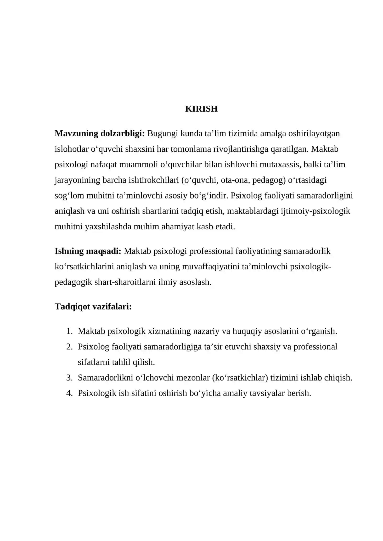 "Maktab psixologining professional faoliyatini samaradorligi ko'rsatkichlari va shartlari." 3