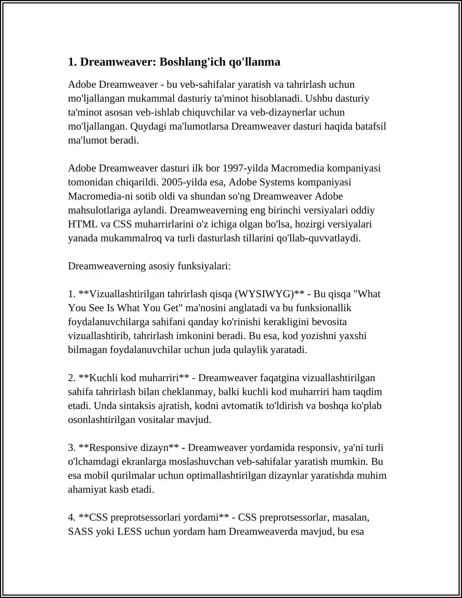 WEB SAYTLARNI HOSIL QILUVCHI DASTURLAR. DREAMWEAVER 3
