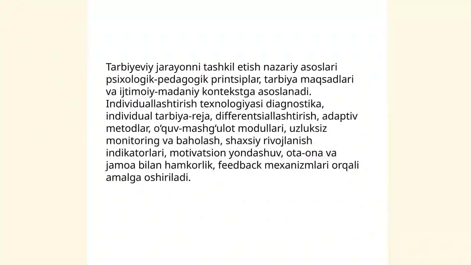 Tarbiyaviy jarayonni tashkil etish usullari ishni individuallashtirish texnologiyasi 3