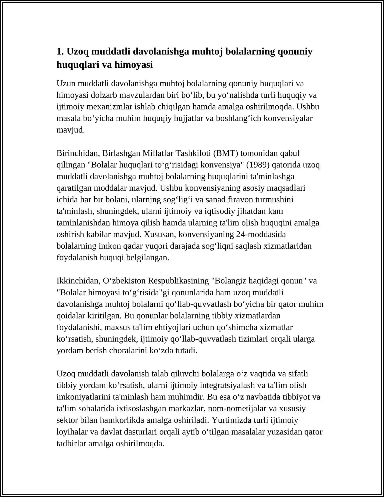 Uzoq Muddatli Davolanish Chora Tadbirlariga Muhtoj Bolalar va Oʻsmirlaning Huqulari 3