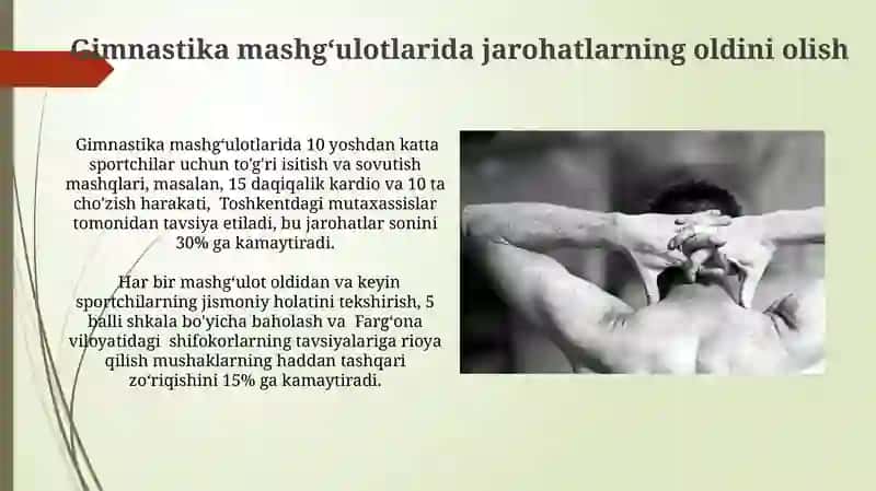 Gimnastika mashg'ulotlarida shikastlanishni oldini olish va birinchi tibbiy yordam kórsatish 3