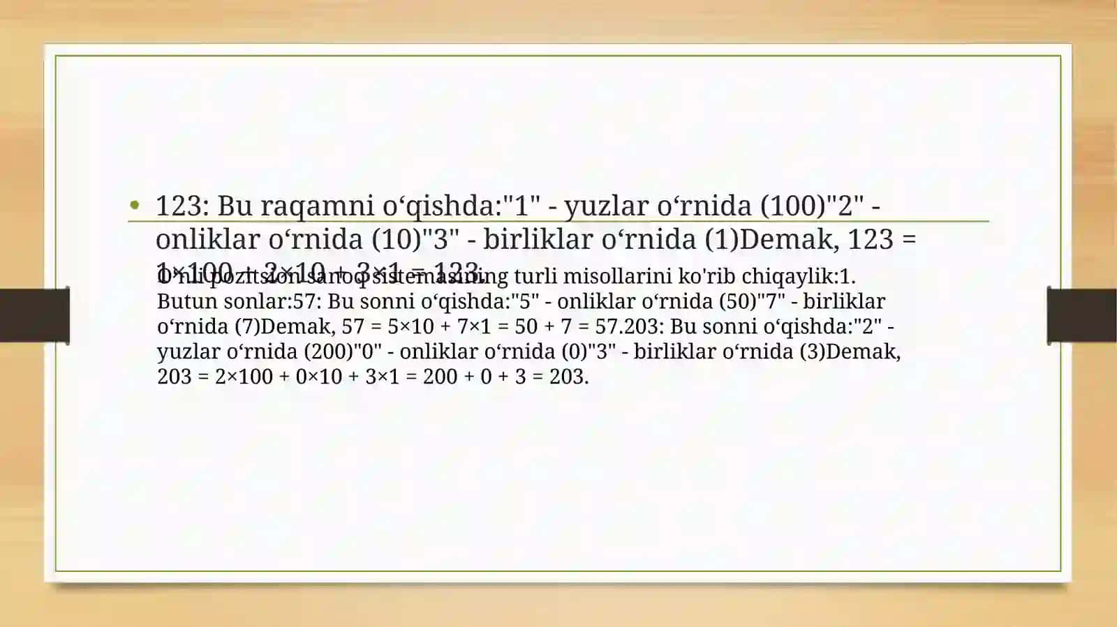 Oʻnli pozitsion sanoq sistemining yozilishi va oʻqilishi 3