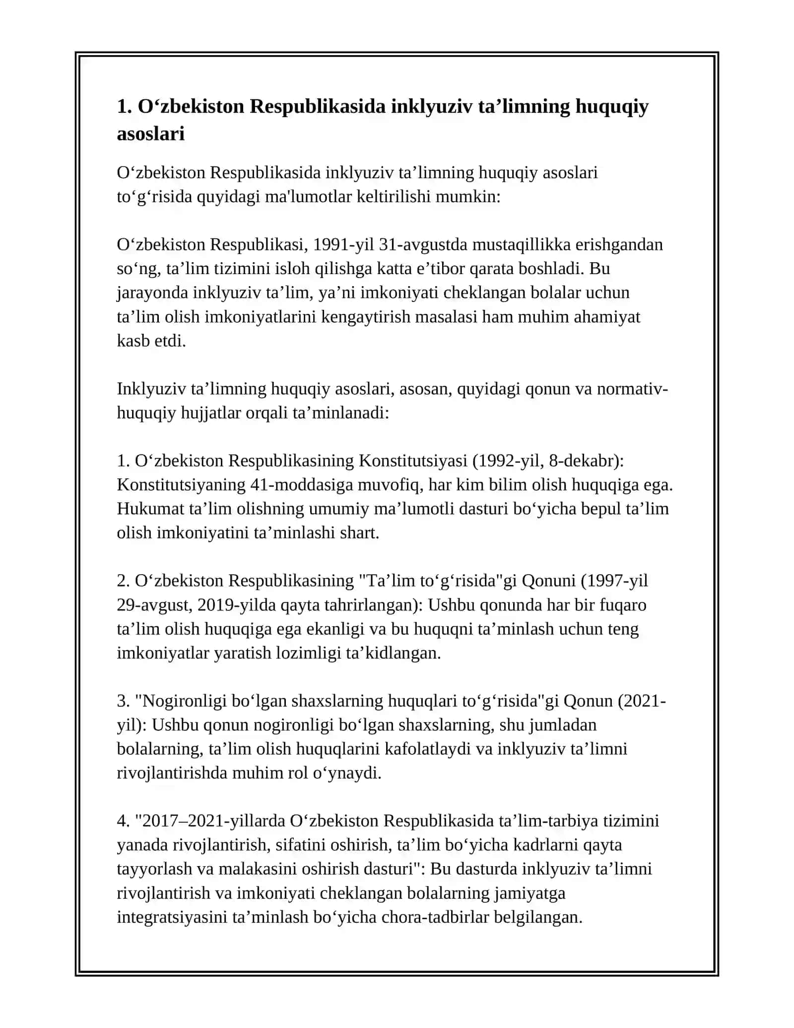 OʻZBEKISTON RESPUBLIKASIDA INKLYUZIV TAʼLIMNI QOʻLLAB QUVVATLASHNING XUQUQIY ASOSLARI VA AMALIY TAJRIBALARI. 3