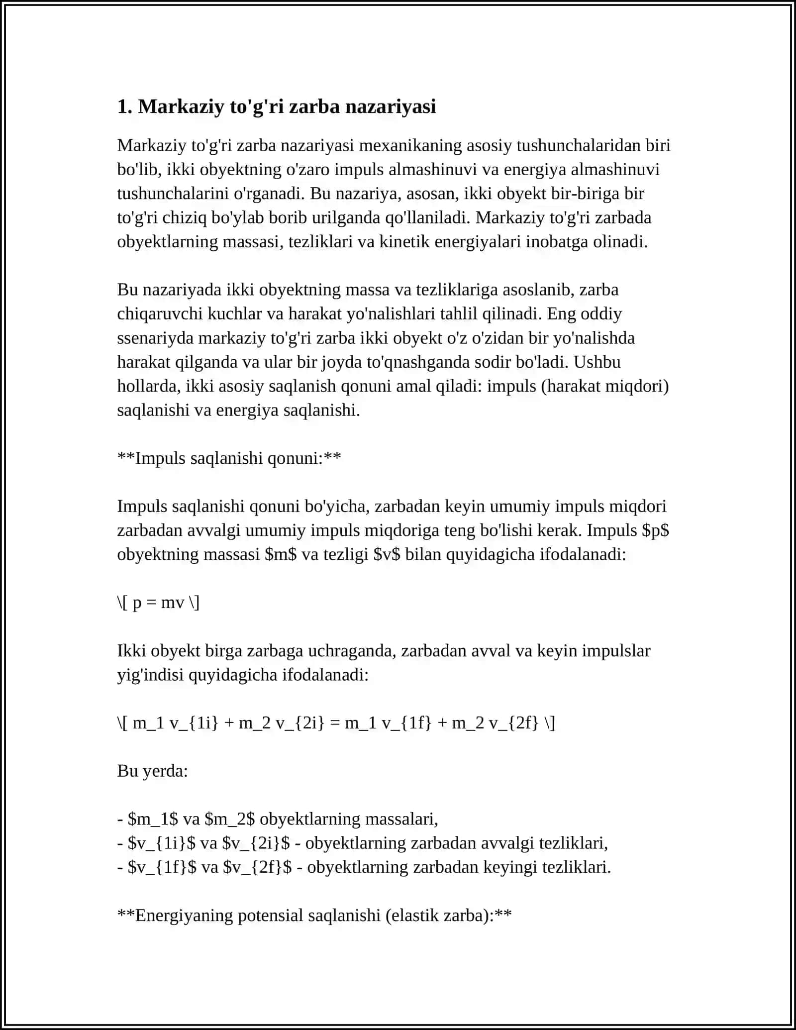 ZARBA NAZARIYASI ZARBALI KUCHNING MODDIY NUQTAGA TASIRI IKKI JISMNING MARKAZIY TOGRI ZARBASI 3