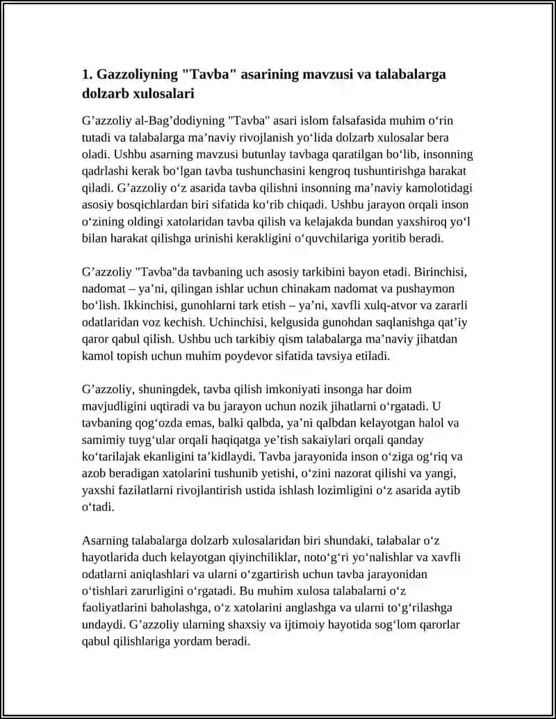 GAZZOLIYNING TAVBA ASARINI TAHLIL ETISH VA TALABALARNING OZ FAOLIYATIDA MAVJUD OFATLARNI ANIQLASH VA OZIGA BAHO BERUVCHI ESSE TAYYORLASH 3