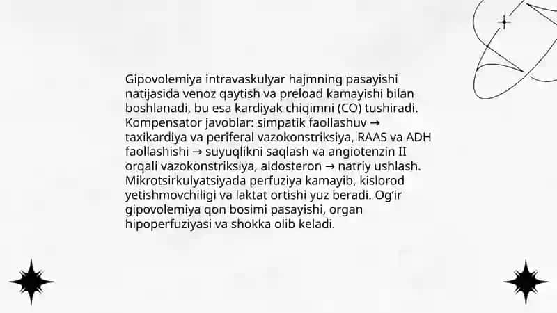 Gipovolemiyalarda qon aylanishining o‘zgarishlari 3