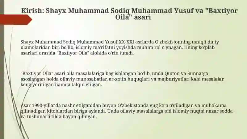 Shayx Muhammad Sodiq Muhammad Yusufning "Baxtiyor oila" asarida islom qadriyatlarining talqini 3
