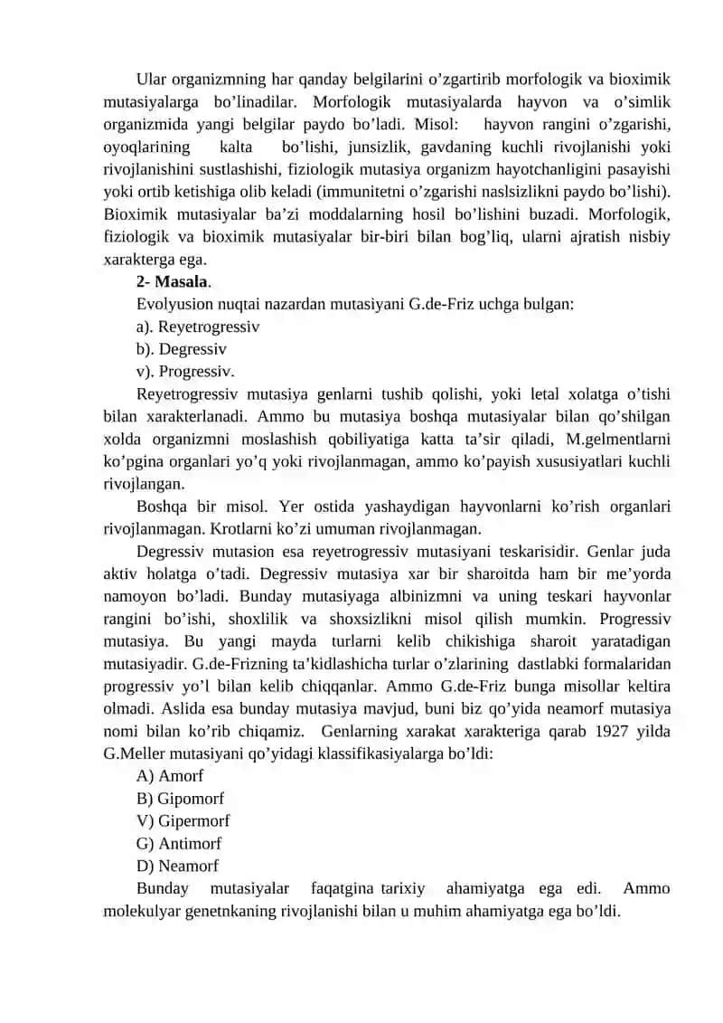 Mutasion O'zgaruvchanlik. Populyatsiyalar Genetikasi 3
