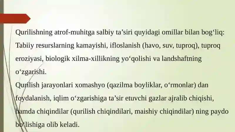 QURILISHDA ATROF – MUHITNI MUHOFAZA QILISH BOSHQARUVI MAVZUSI 3