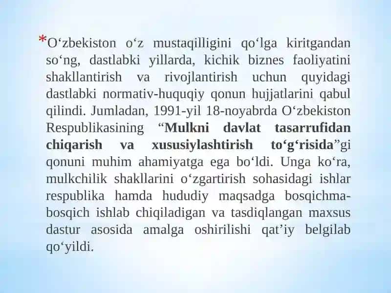 О‘zbekistonda iqtisodiy islohotlarning    amalga oshirilishi, bozor munosabatlarining shakllanishi 3