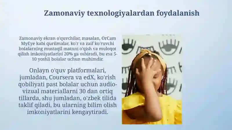 Koʻrish nuqsoniga ega bolalar nutqi va muloqotining oʻziga xosligi 3