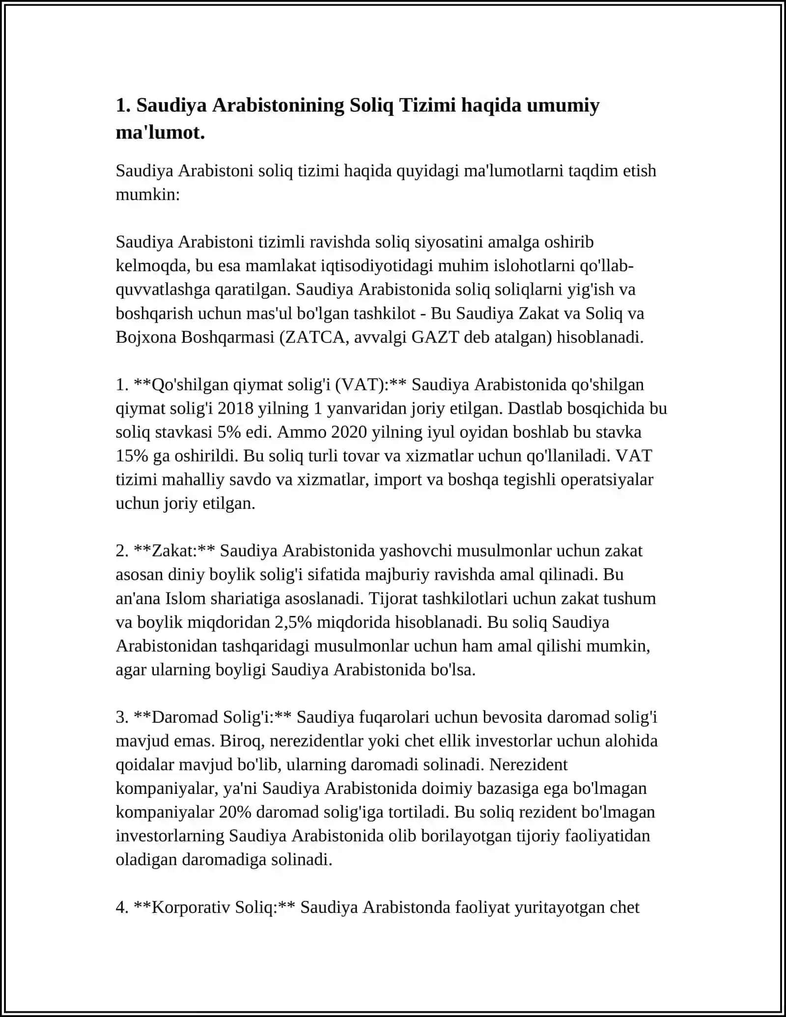 SAUDIYA ARABISTONI SOLIQ TIZIMI: SOLIQ TURLARI, SOLIQ STAVKALARI, TIZIMINING O'ZIGA XOS XUSUSIYATLARI VA O'ZBEKISTON RESPUBLIKASI SOLIQ TIZIMI BILAN O'XSHASH VA FARQLI TOMONLARI 3