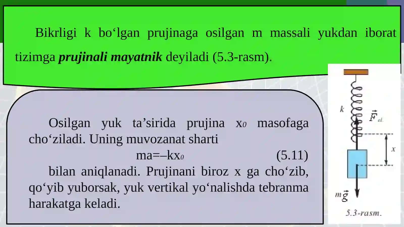 10-sinf Fizika fanidan Prujinali va matematik mayatniklar dars taqdimoti 3