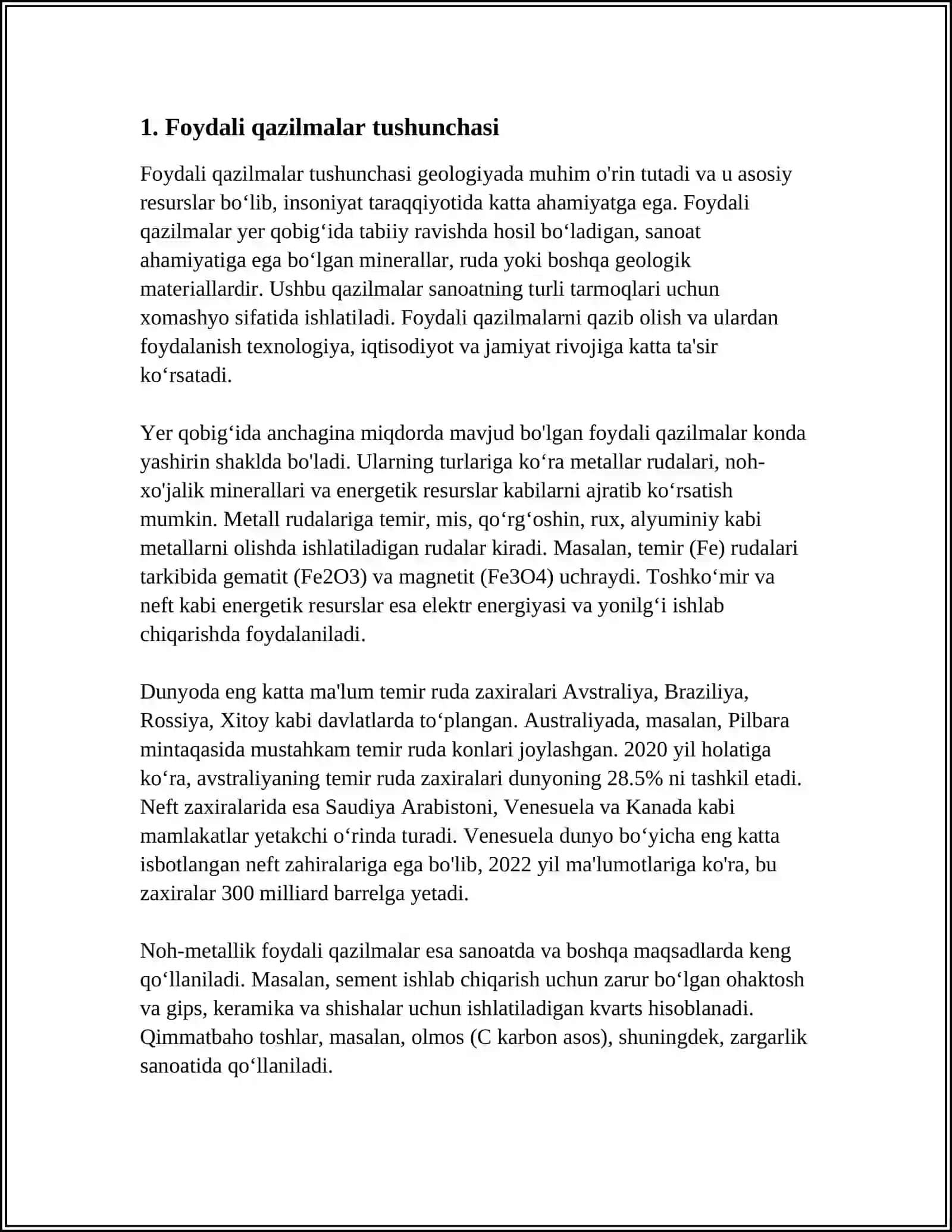 O'ZBEKISTONNING FOYDALI QAZILMALARI HAQIDA MAʼLUMOTLAR TAYYORLASH VA XARITADA BELGILASH 3