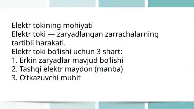 Elektr tokining turli muhitdagi tabiati. Dielektritlar. Elektrolitlar. Elektr oʻtkazuvchanlik 3