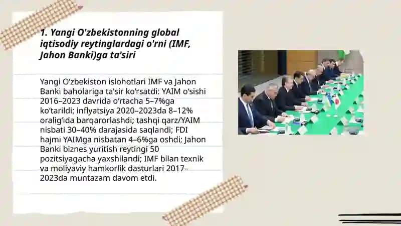 Yangi Ozbekiston ijtimoiy siyosiy iqtisodiy va madaniy hayotda roy berayotgan ozgarishlarning halqaro reyting va indekslarni aks etishi 3