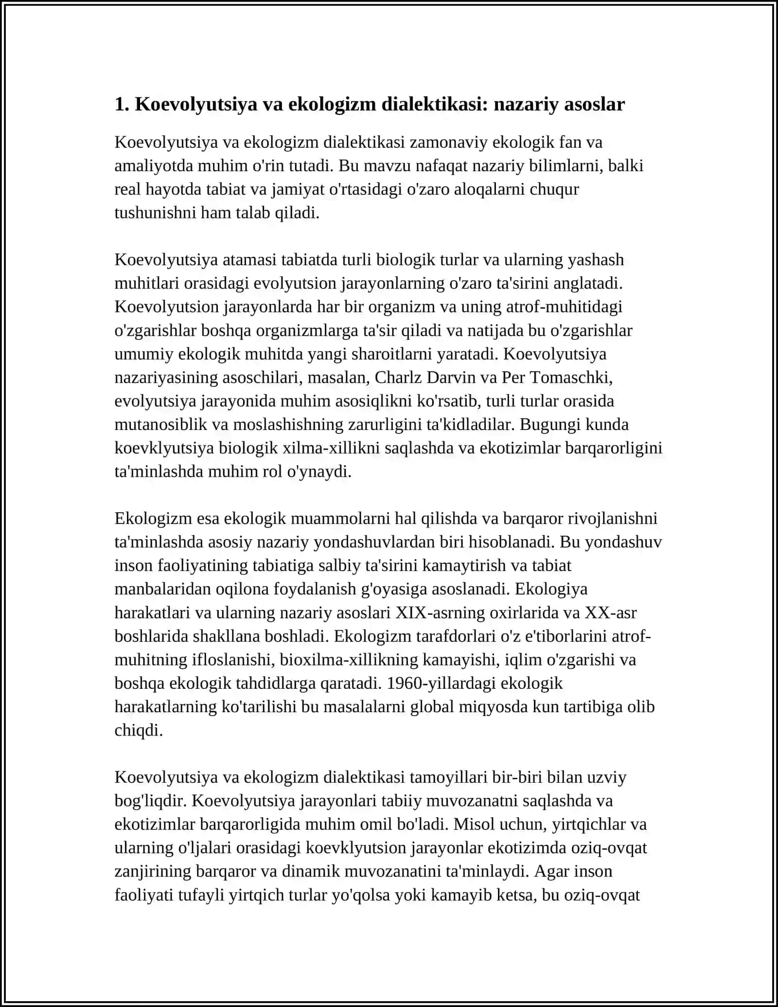 KOEVOLYUTSIYA VA ENIRONMAENTALIZM DIALEKTIKASI" ESSE TAYORLASH 3