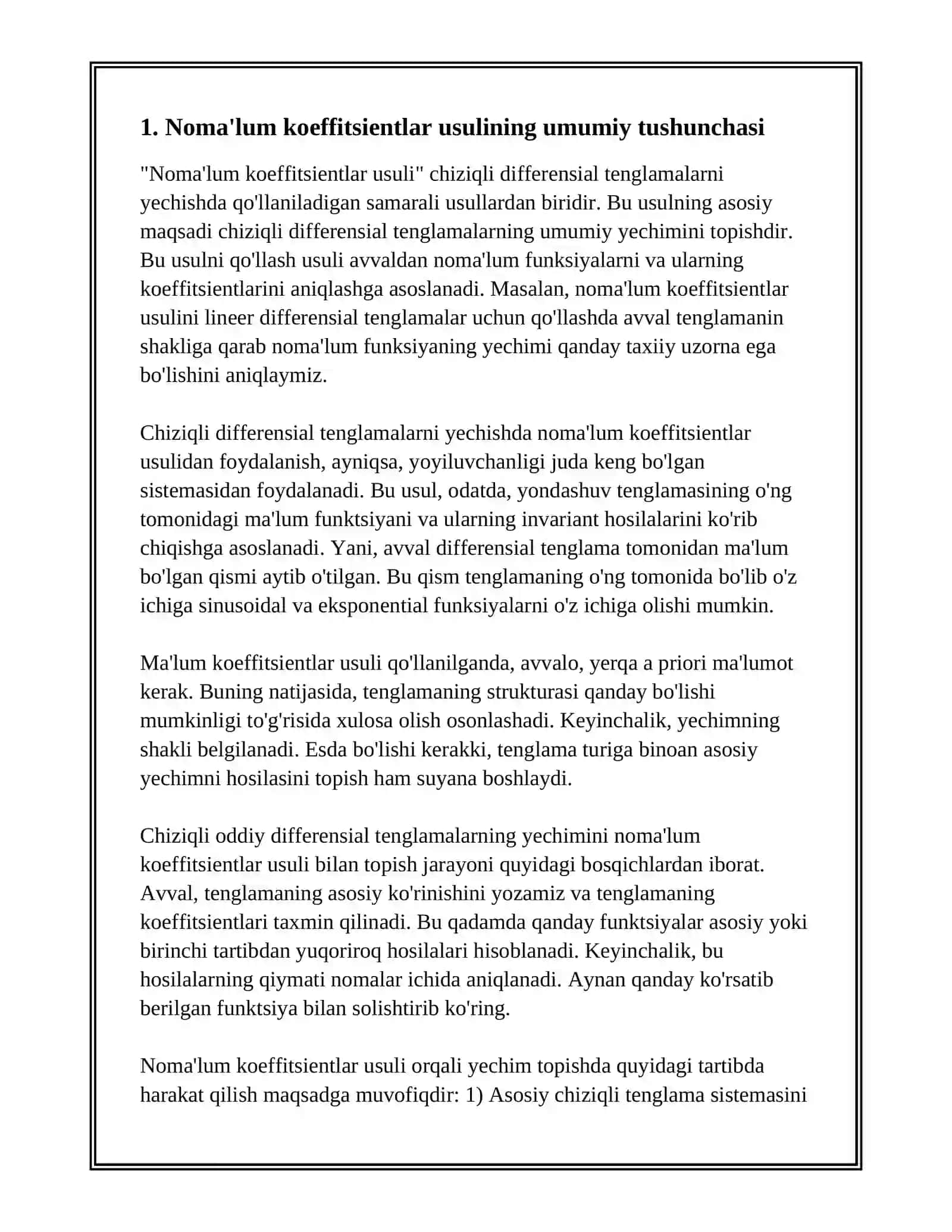 CHIZIQLI DIFFERENSIAL TENGLAMALARNI YECHISHNING NOMA'LUM KOYEFFITSIЕNTLAR USULI 3