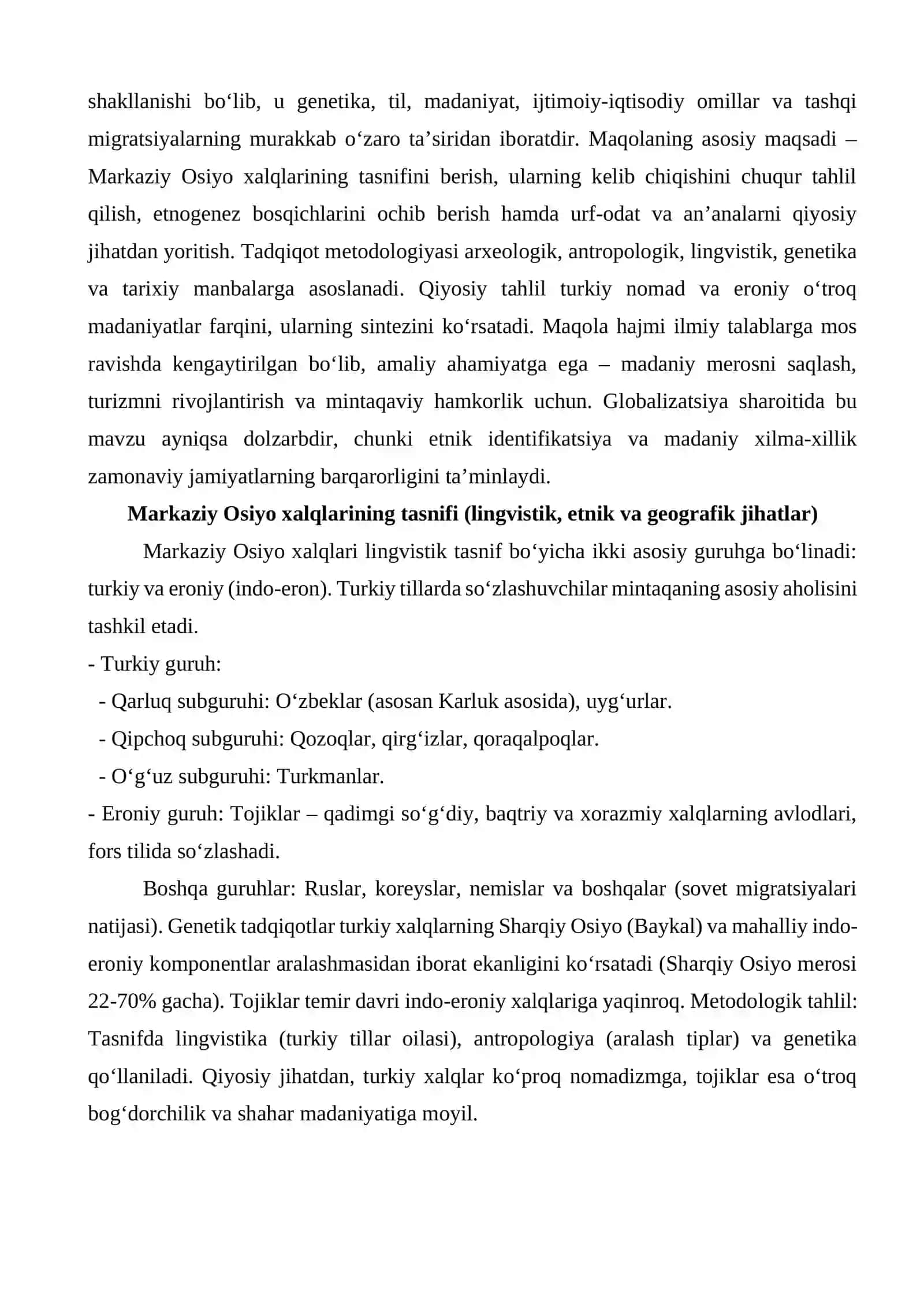 Markaziy Osiyoda istiqomat qilayotgan xalqlar tasnifi, ularning kelib chiqishi, maqola 3