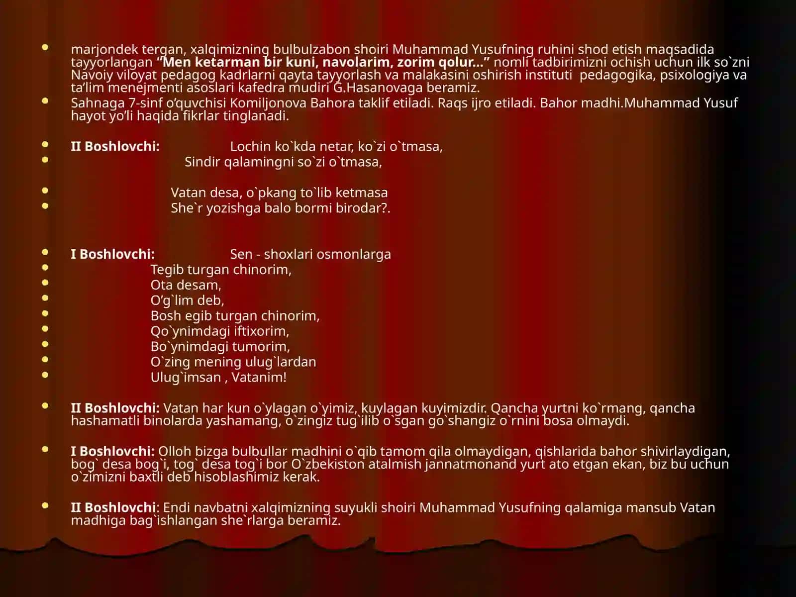 Muhammad Yusuf tavalludida bag`ishlangan tadbir ssenariysi 3