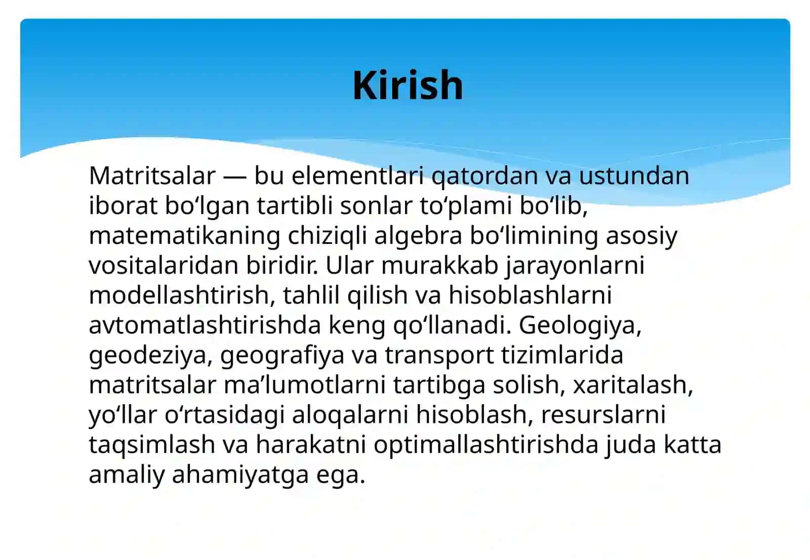 Matritsalarning geologik, geografik, transport to'rlarida ishlatilishi. 3