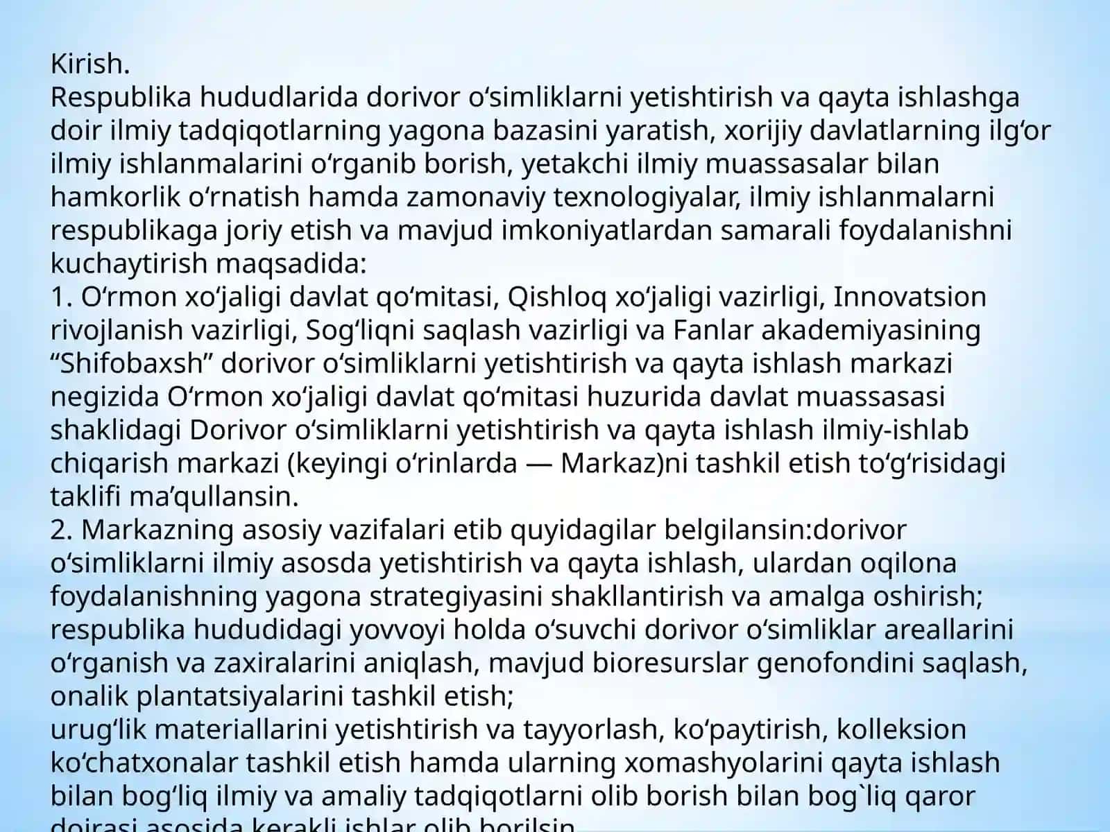 BIOINJENERIYA VA OZIQ-OVQAT XAVFSIZLIGI FAKULTETI DORIVOR O’SIMLIKLARNI YETISHTIRISH VA QAYTA ISHLASH TEXNOLOGIYASI YO’NALISHI 191-GURUH TALABA 3