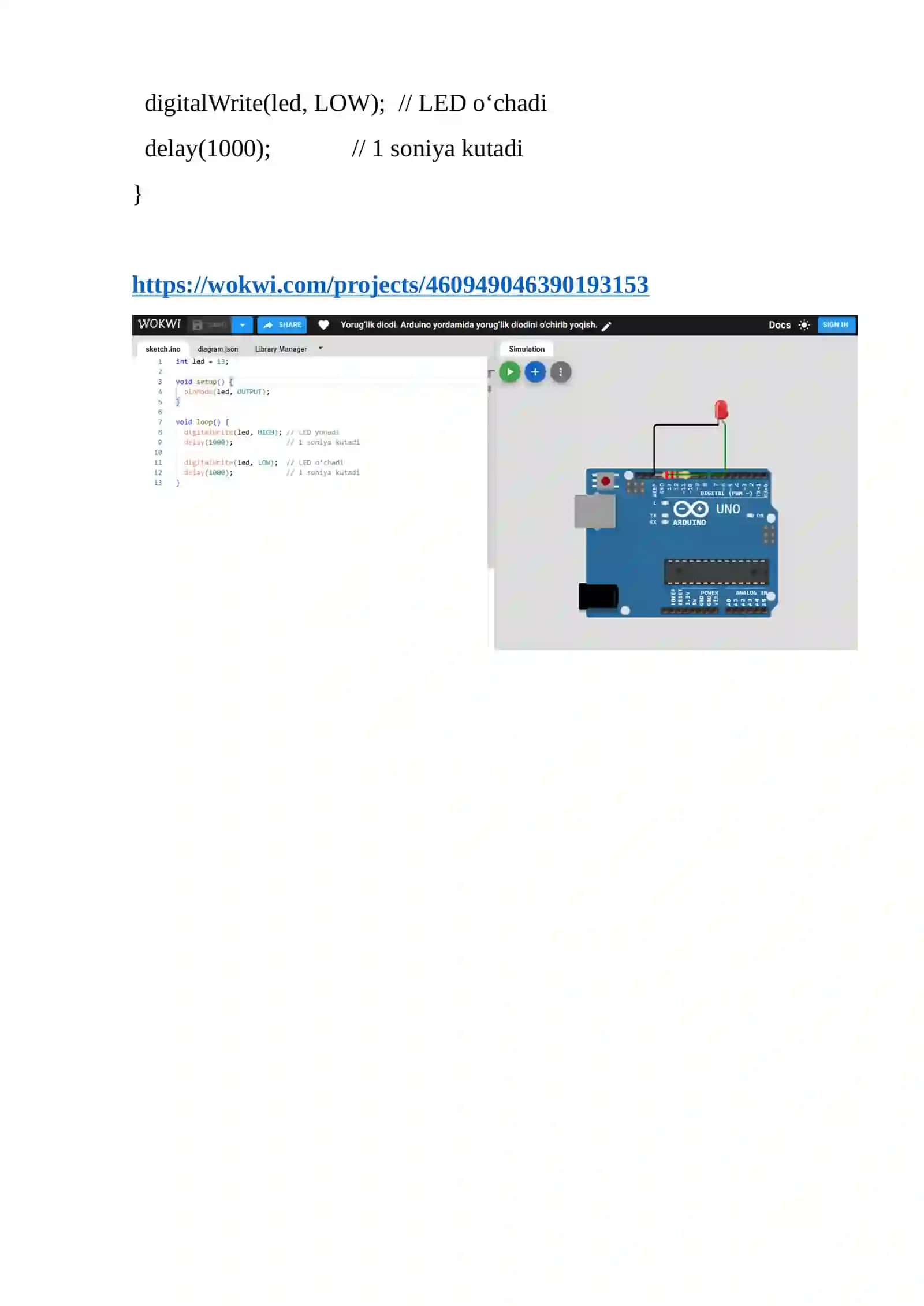 Yorug‘lik diodi. Arduino yordamida yorug‘lik diodini o‘chirib yoqish 3