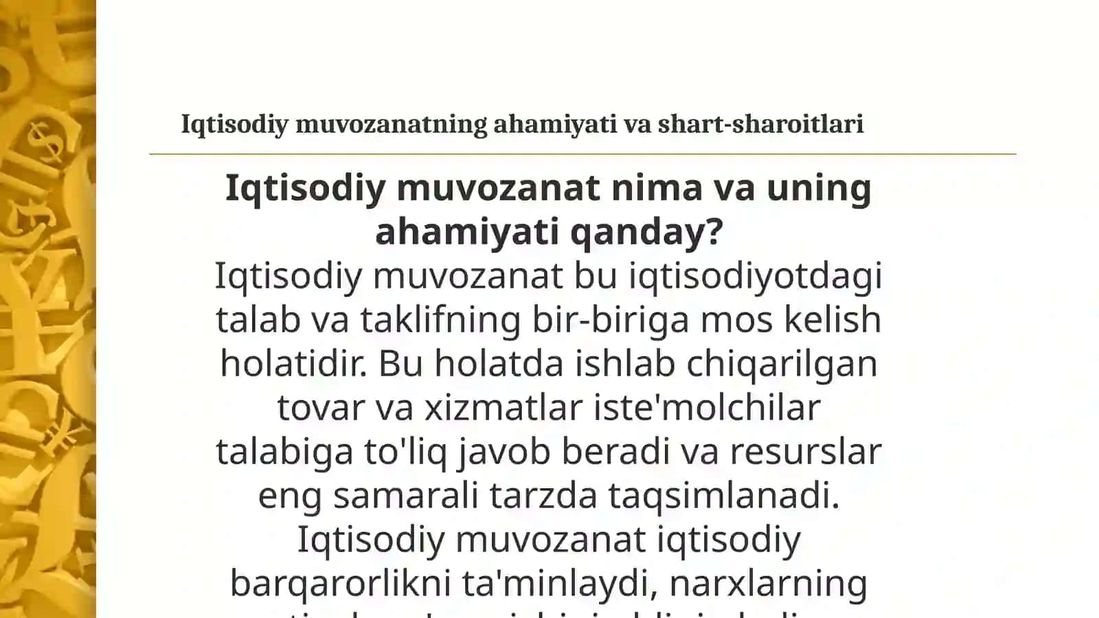 IQTISODIYMUVOZANAT, UNI TA’MINLASH SHARTSHAROITLARI VA ANIQLASHUSULLARI 3