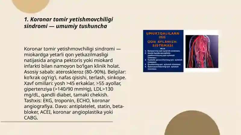 Asosiy klinik sindromlar.Koronar tomir yetishmovchiligi sindromi. Yurakning ishemik kasalligi haqid 3
