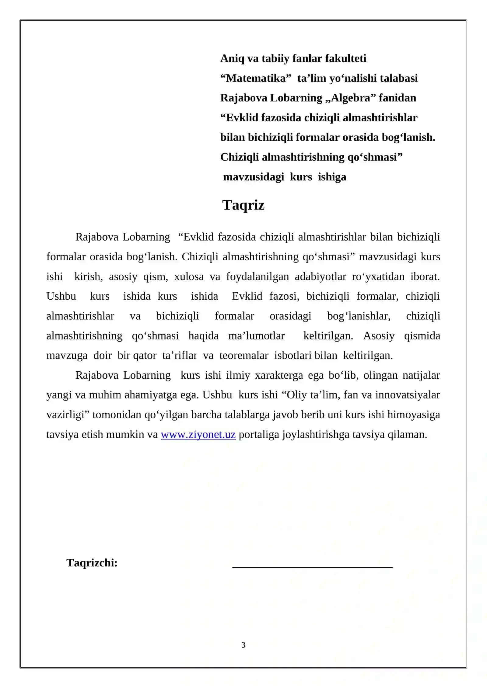 Evklid fazosida chiziqli almashtirishlar bilan bichiziqli formalar orasida bog‘lanish. Chiziqli almashtirishning qo‘shmasi 3