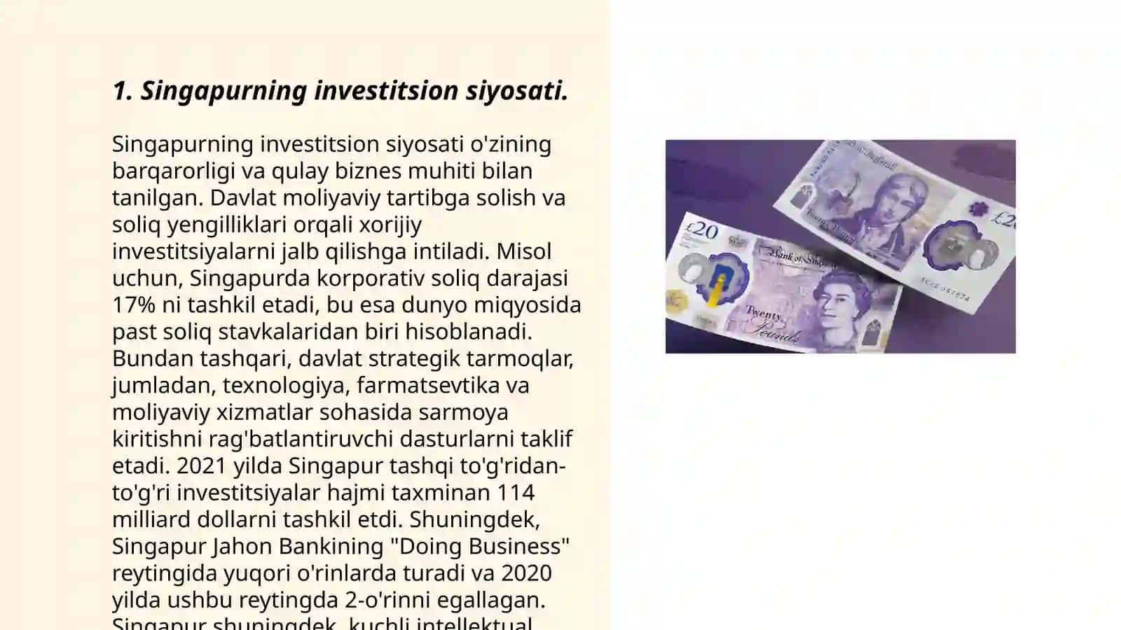 Singapurning investitsion faoliyati va Oʻzbekiston bilan investitsion hamkorligi 3