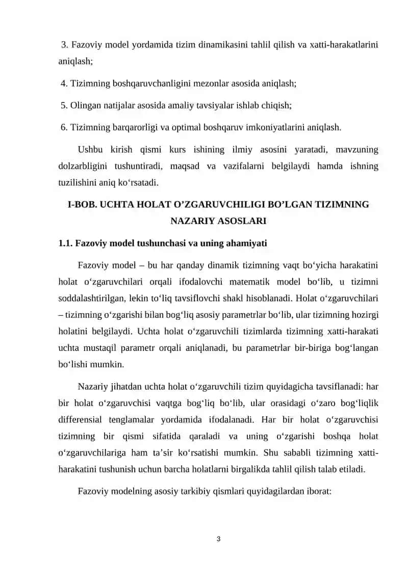 Uchta holat o'zgaruvchisiga ega tizimning fazoviy modelini qurish, boshqaruvchanlikni aniqlash 3