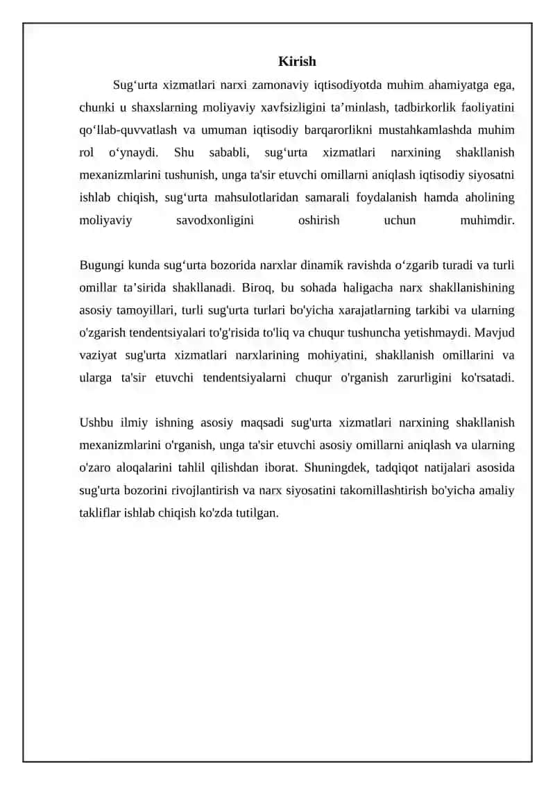 Sug'urta xizmatlari narxi, uning shakllanishi vaunga tasir etuvchi omillar 3