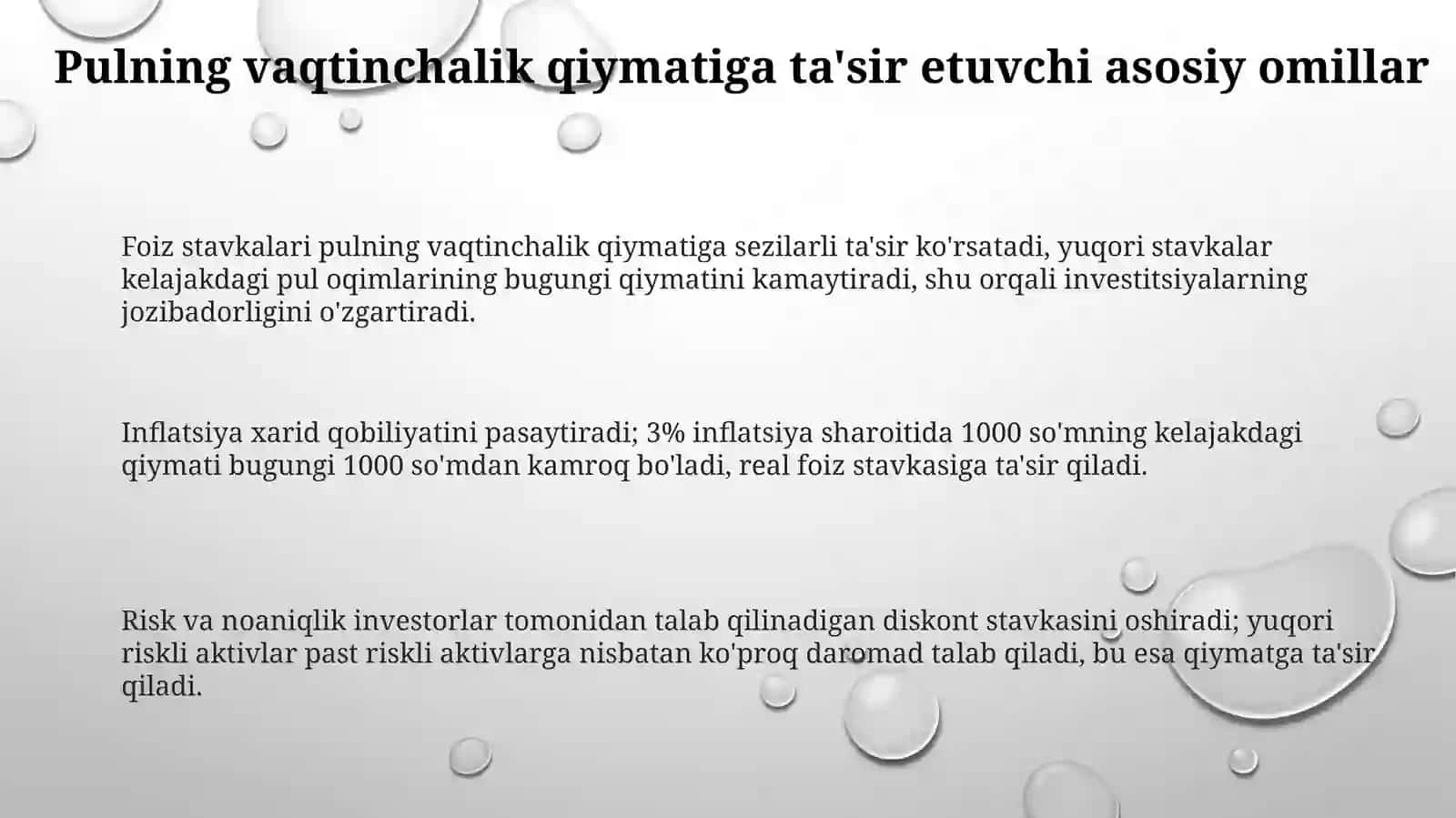 Pulning vagt bo'yicha qiymatiga ta'sir giluvchi omillar va diskont stavkalarning belgilanishi 3