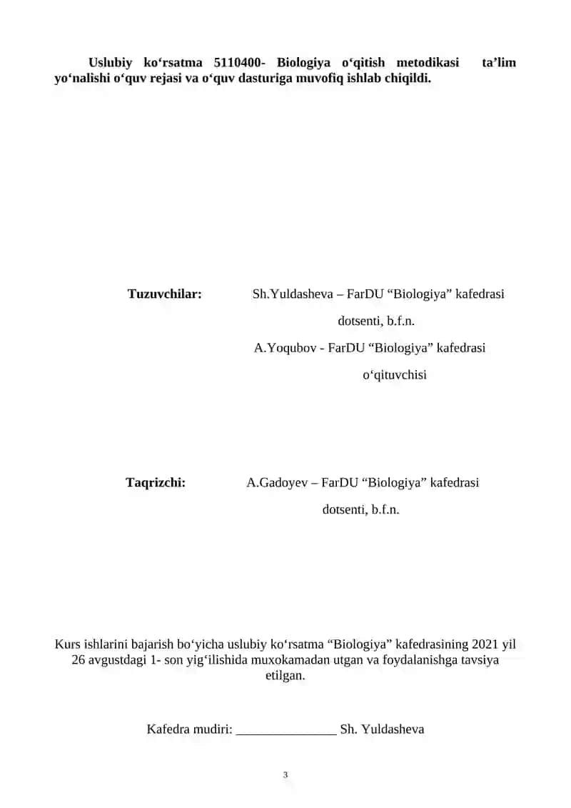 Biologiya o‘qitish metodikasi ta’lim yo‘nalishi o‘quv rejasi va o‘quv dasturi 3