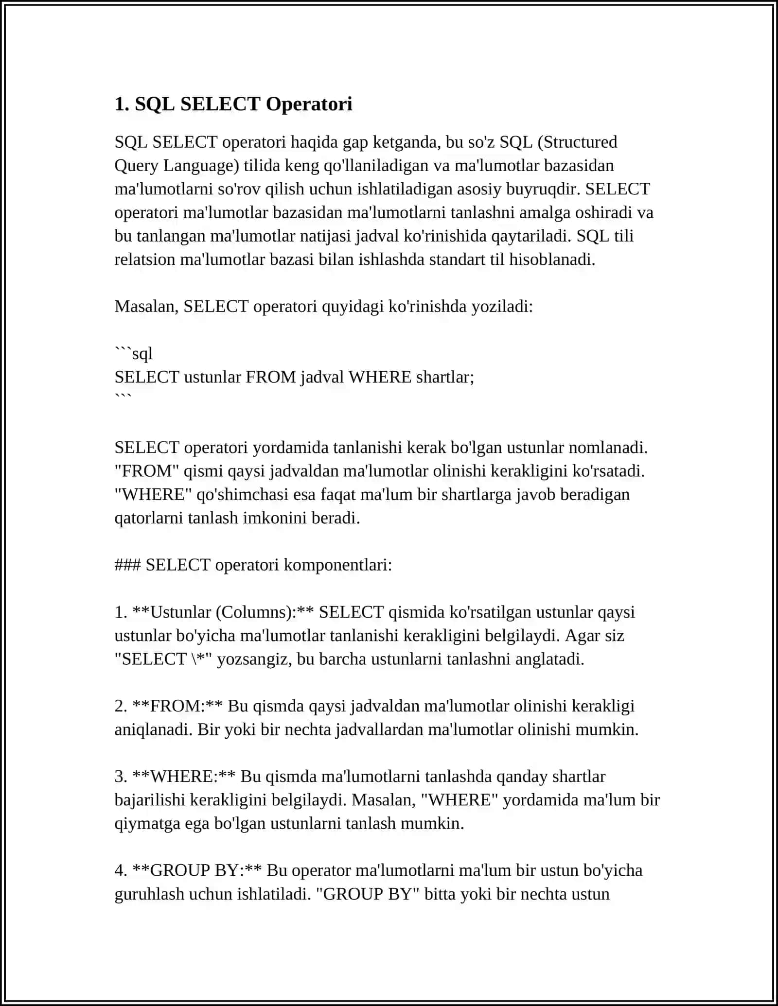 SQL TILI. SQL OPERATORLARINI YOZISH 3