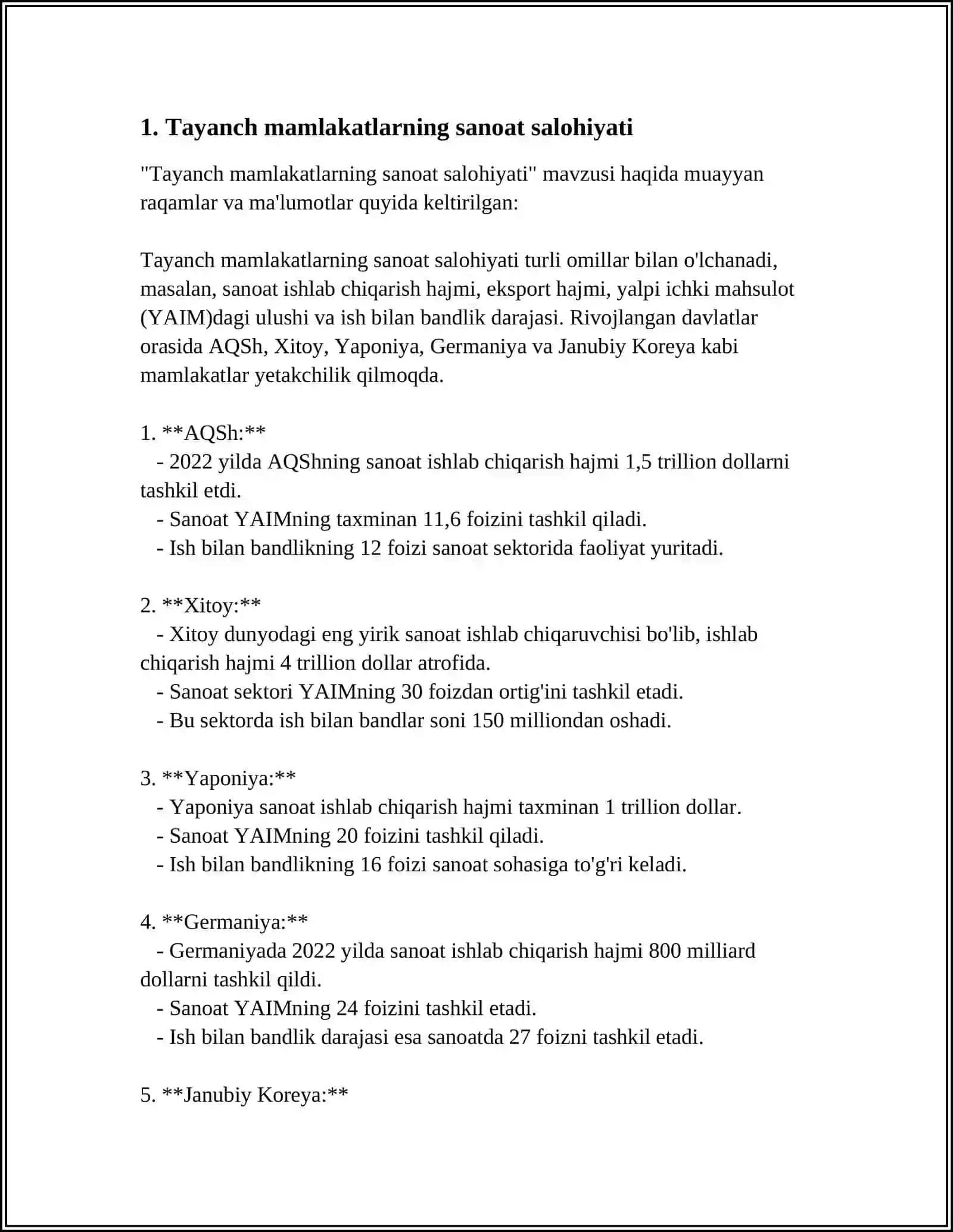TAYANCH MAMLAKATLARNING JAHON IQTISODIYOTIDA TUTGAN OʻRNI 3