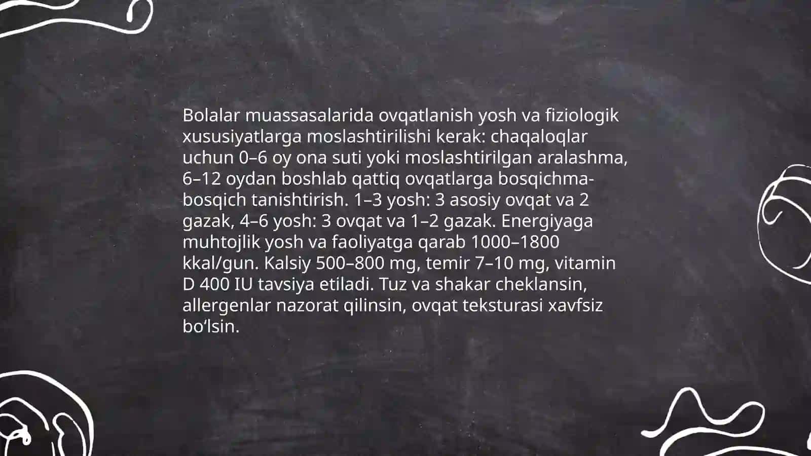 Bolalar muassasalarida ovqatlanishni tashkil etish bôyicha gigenik va nutritsalogik talablar Erkinova Fotima 3