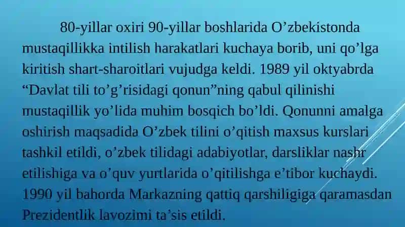 O’zbekiston dadavlat mustaqilligining qo’lga kiritilishi. 3