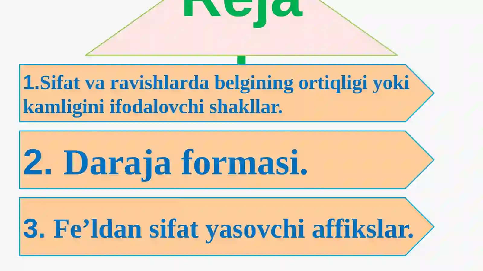 Sifat va ravishlarda belgining ortiqligi yoki kamligini ifodalovchi shakllar. Daraja formasi. Fe’lda 3