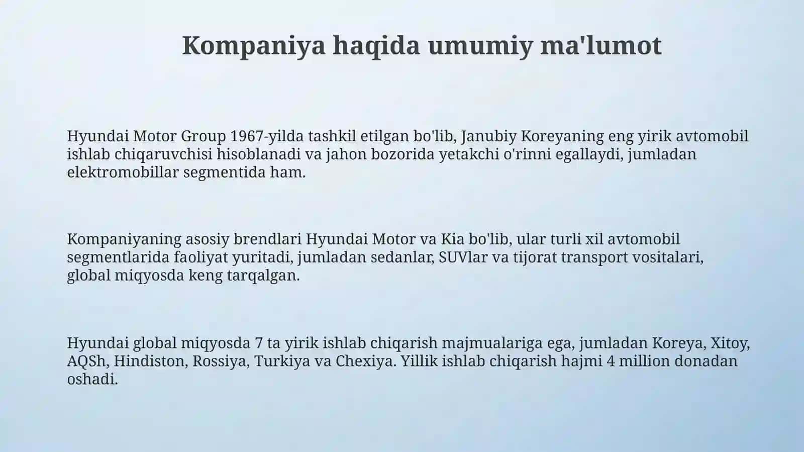 HyundaikompaniyasihaqidaMa'lumotStructurasiMarketingstrategiyasiSwottahlil 3