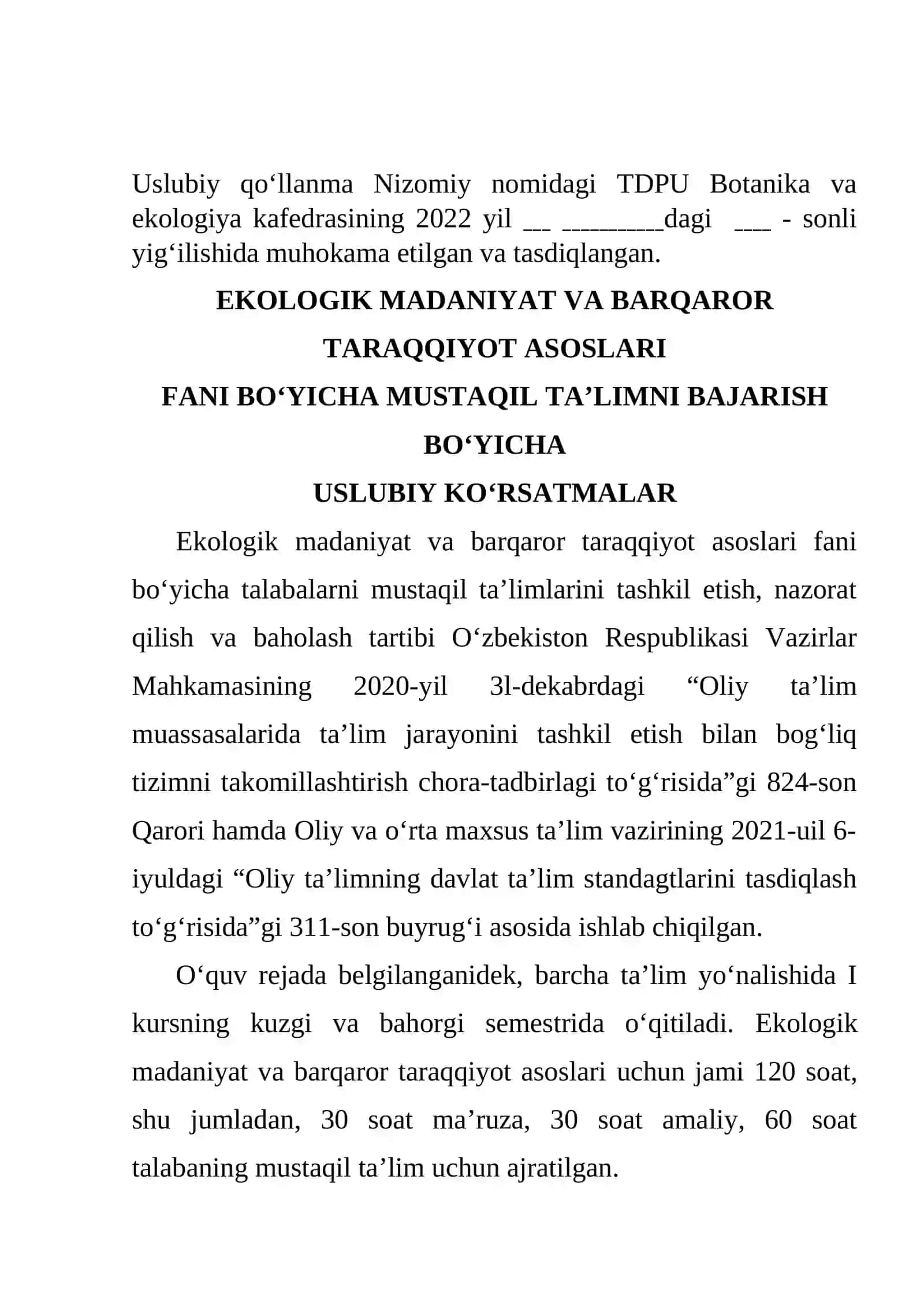 Ekologik madaniyat va Barqaror taraqqiyot asoslari fanidan Mustaqil ta’limi 3