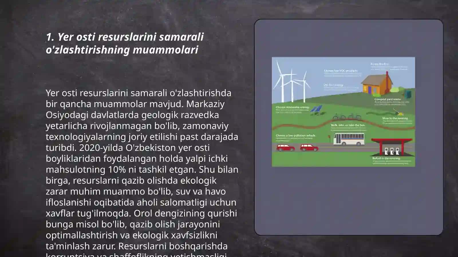 Yer osti qozilma boyliklarini o'zlashtirish va uning tabiyatga tasiri qozilma boyliklardan oqilona foydalanish va atrof muhitni ifloslanishdan saqlash muammolari 3