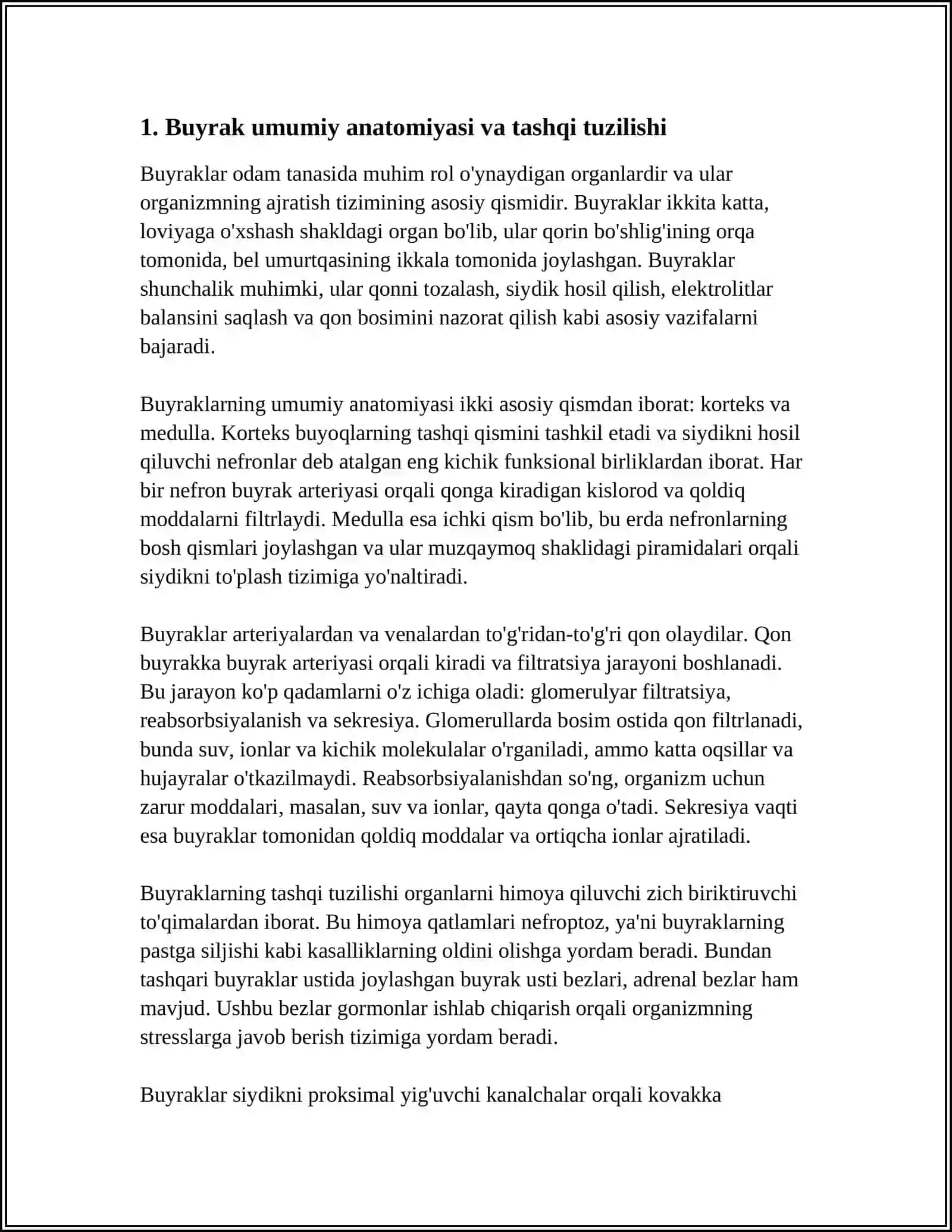 AYIRISH ORGANLARI. BUYRAK SIYDIK YO’LLI QOVOQ VA SIYDIK CHIQARISH NAYI TUZULISHI VAZIFASI 3