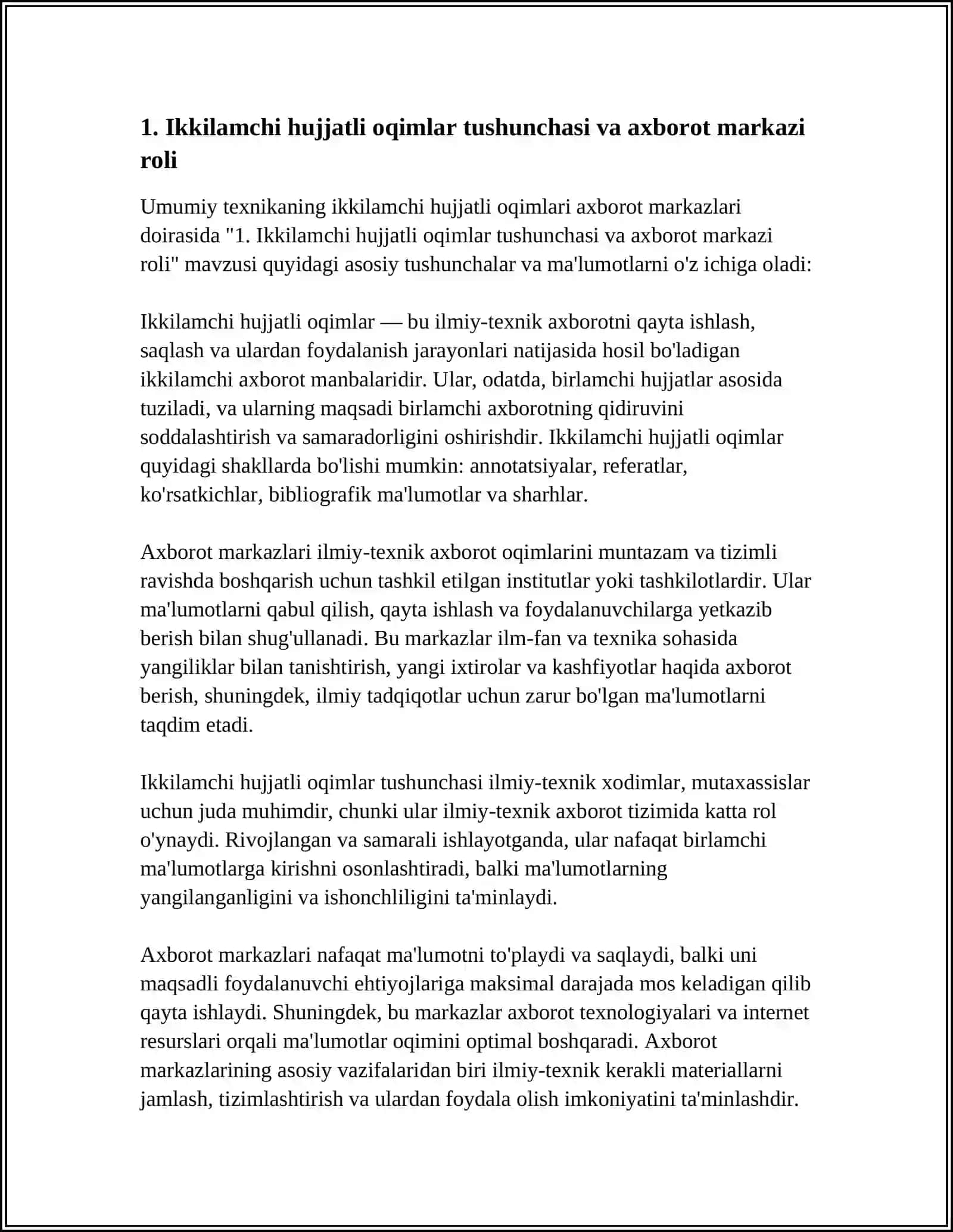 Mavzu: UMUMIY TEXNIKANING IKKILAMCHI HUJJATLI OQIMLARI AXBOROT MARKAZLARI 3