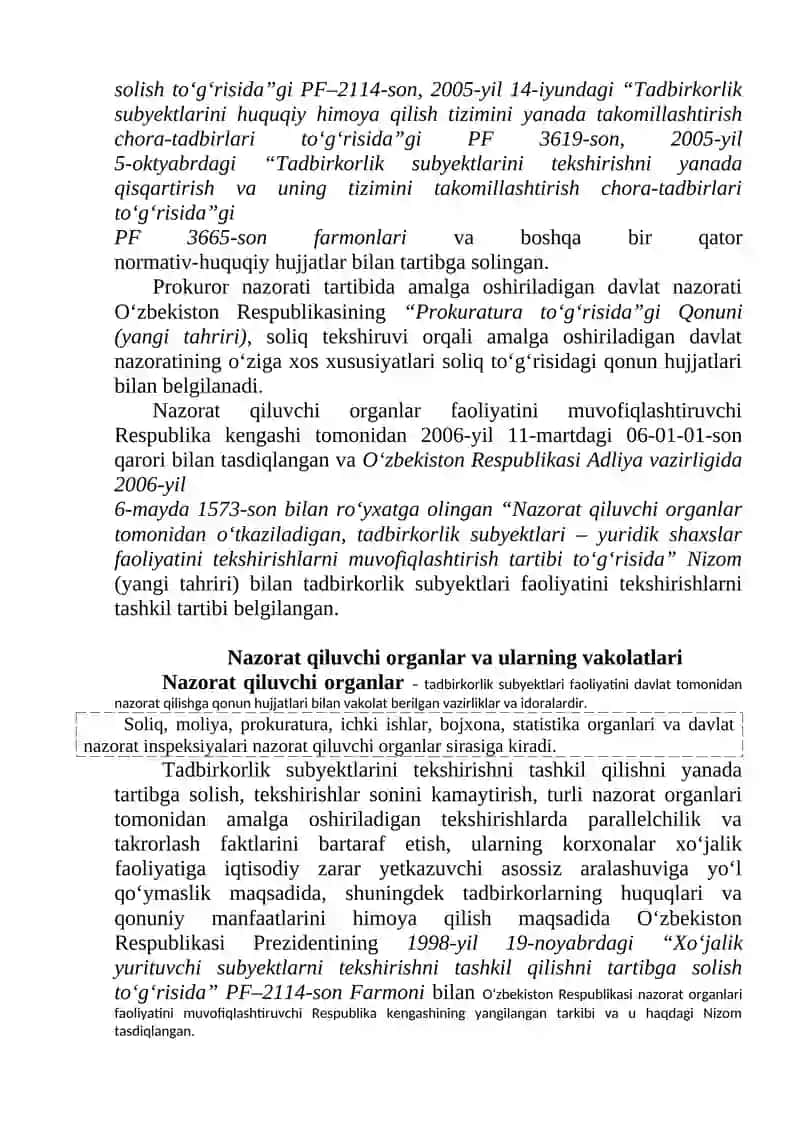 Tadbirkorlik subyektlari faoliyati ustidan davlat nazorati tushunchasi, prinsiplari va huquqiy asoslari 3