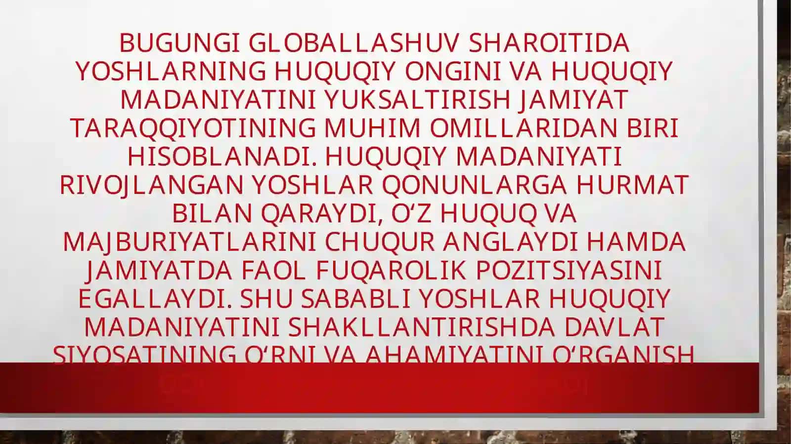 Yoshlar huquqiy madaniyatini shakllantirishda davlat siyosatining o’rni 3